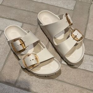 Birkenstock Cream Dual-Strap Sandals with Gold Buckles